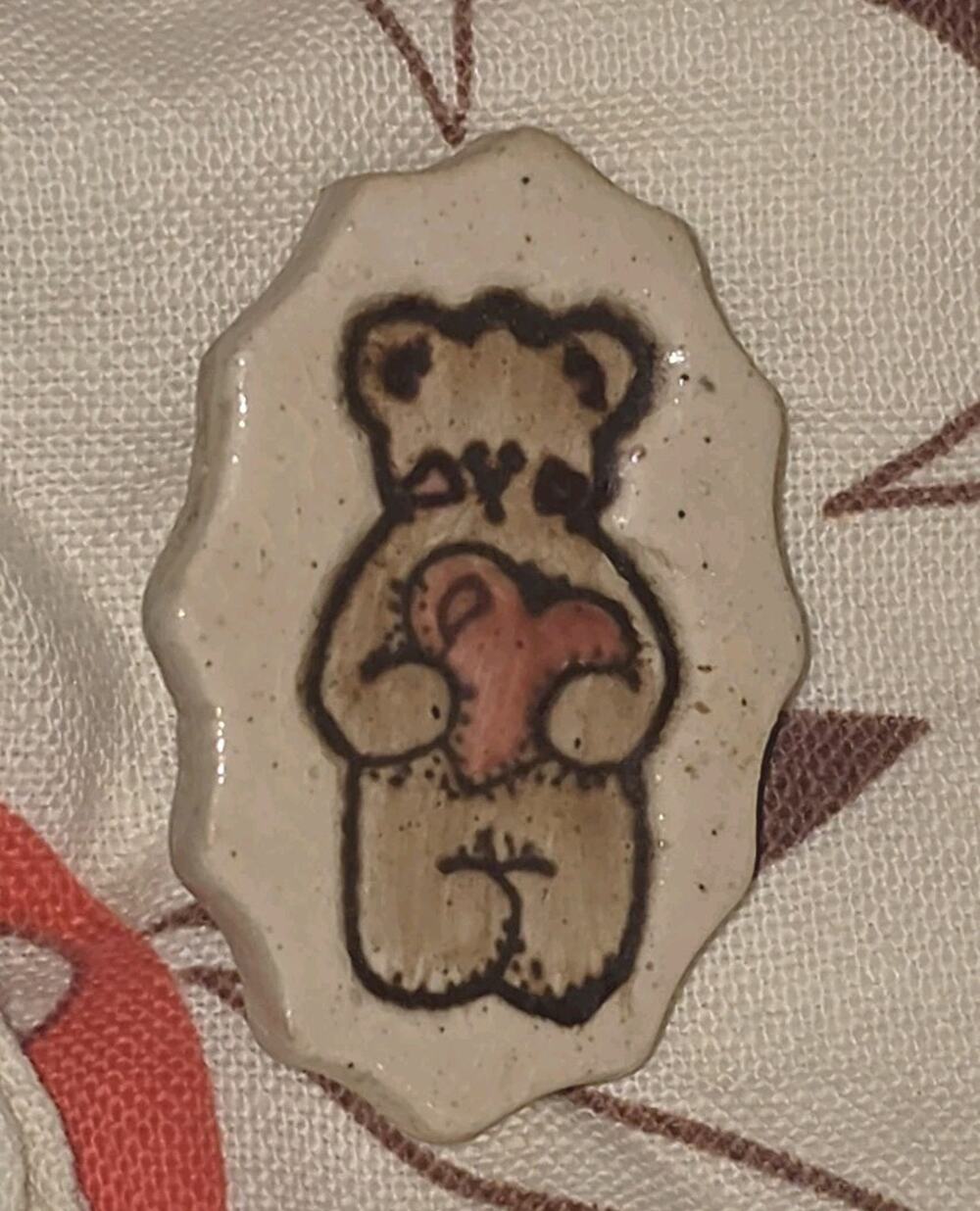 Ceramic Teddy Bear Brooch, vintage handmade teddy bear pin, glazed pottery